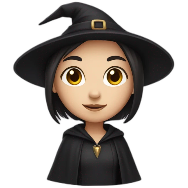 a young white brown thin girl with straight dark hair dressed as a witch emoji