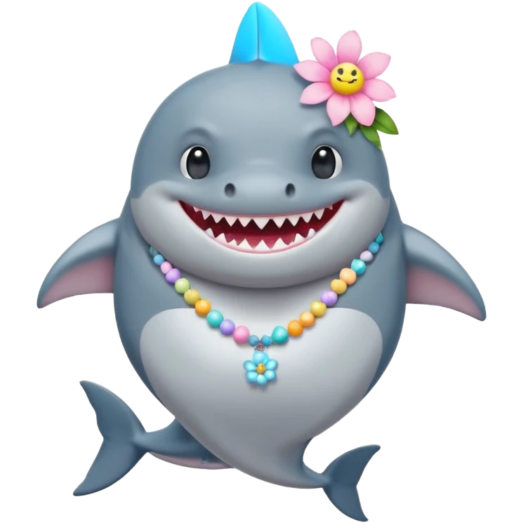 A cute chubby shark with pastel flower necklace, posing proudly. emoji