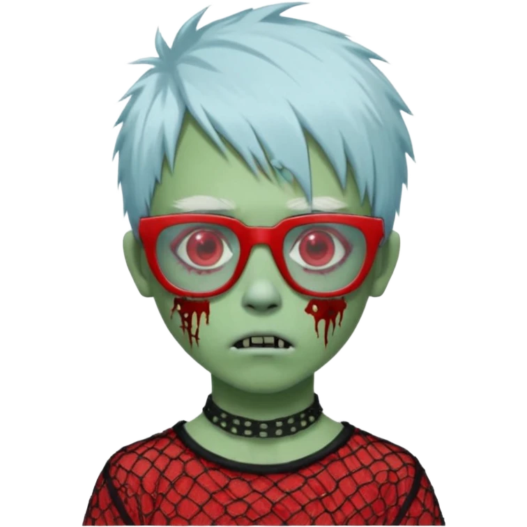 White hair, Ghoulia yelps monster high doll in scene/emo style cherry print dress with fishnet sleeves, clothes, thin, small, red, rectangle glasses, pale white-blue skin, pale-green shaggy short hair , zombie scars , boy, punk choker emoji