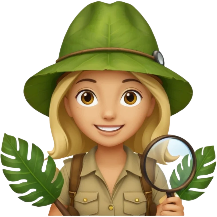 a young female explorer with jungle wearing a large leaf headgear bye and magnificer glass emoji