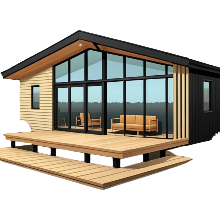 midcentury modern house with 1000 sqft and all windows and a sliding windows on corner. Single story. High ceilings, black and vertical wood slats for outside walls of home. Wood deck with complementary but different wood and shade from larger wood slats. With overhanging shade and slats. emoji