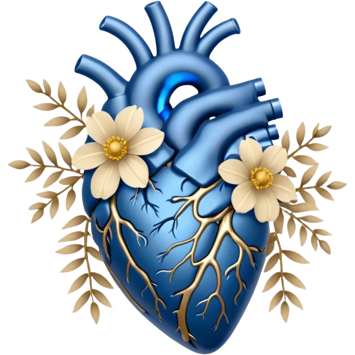 Blue anatomical heart with beige wildflowers emoji
