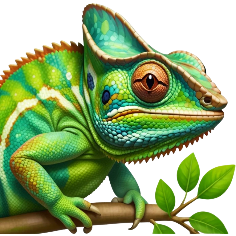 giant-chameleon-realistic emoji,-blending-with-vibrant-greenery.-detailed-scales-in-shifting-colors,-showing-the-chameleon’s-ability-to-camouflage.-soft-natural-light-highlights-its-texture.-nature-background, zoomed into its face emoji