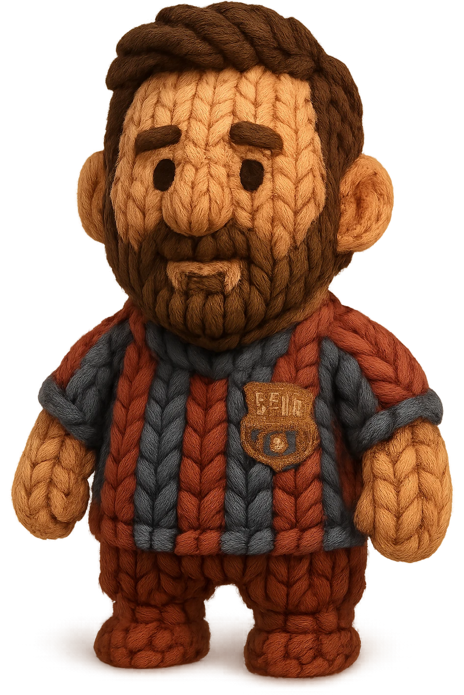 Lionel Messi as a knitted doll made with red knitted thread, realistic painted cartoon style emoji