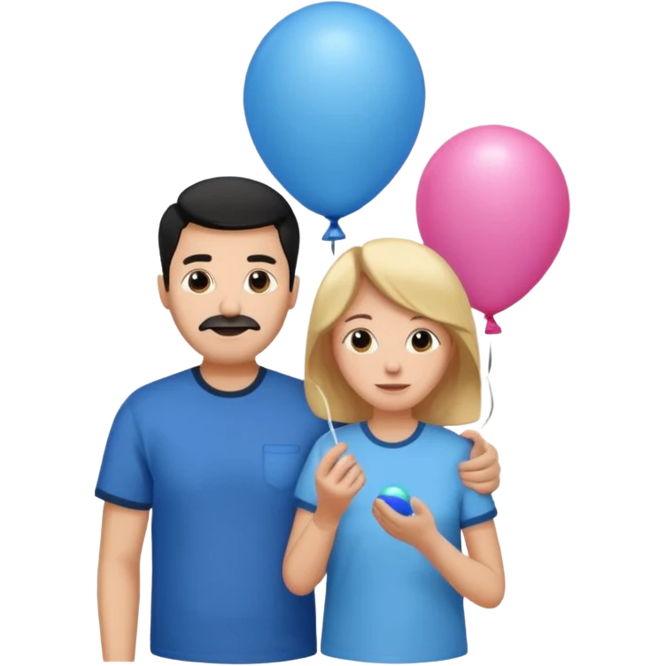 Mom in pink shirt dad in blue shirt holding 1 baloon black emoji