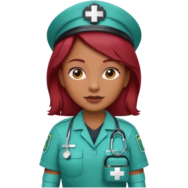 medium brown skin tone woman emoji with red burgundy hair in a paramedic uniform holding a medical bag emoji