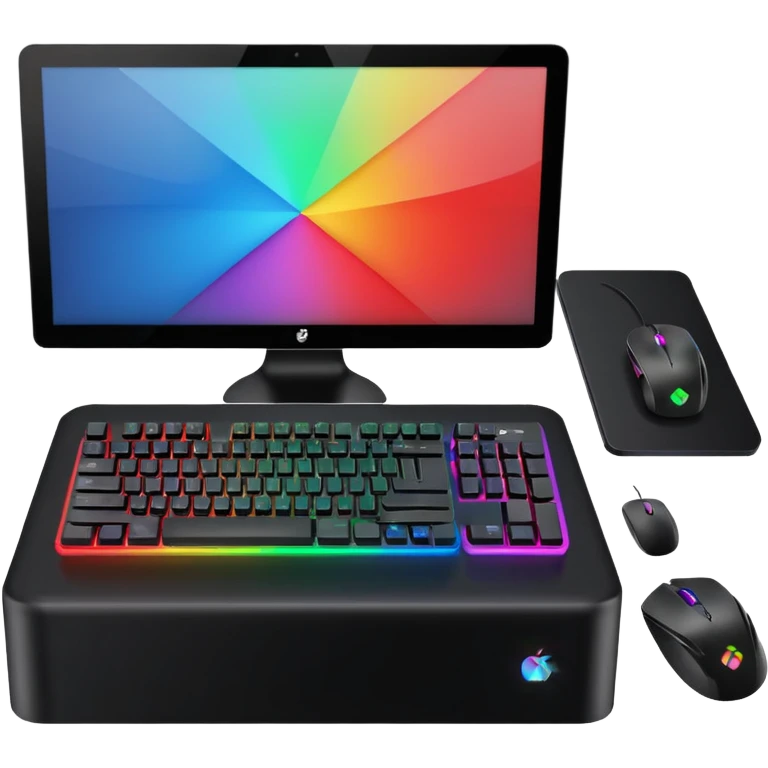 rgb gaming computer on black desk with a black keyboard and mouse emoji