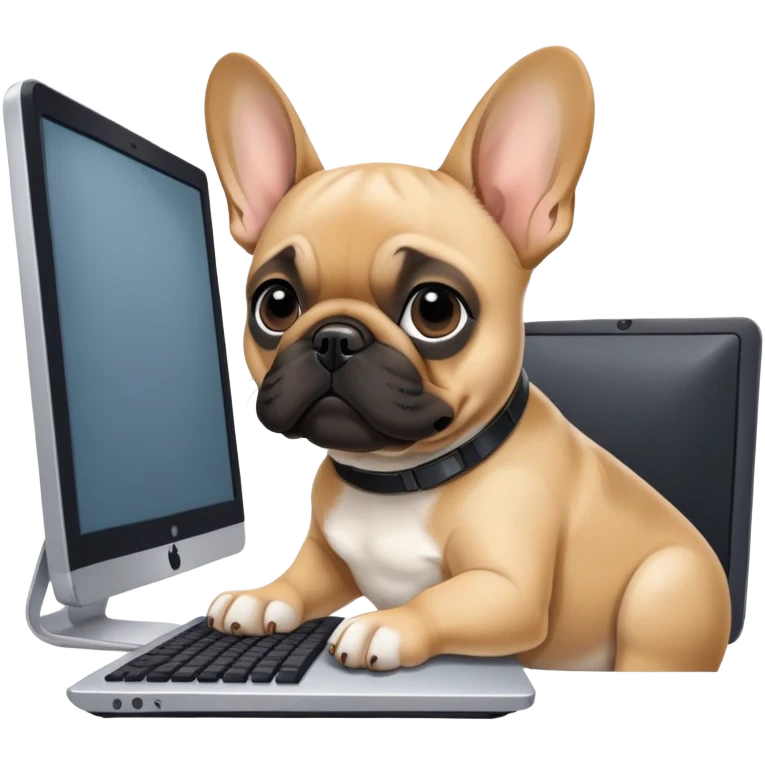 Fawn Frenchie with black muzzle working behind computer emoji