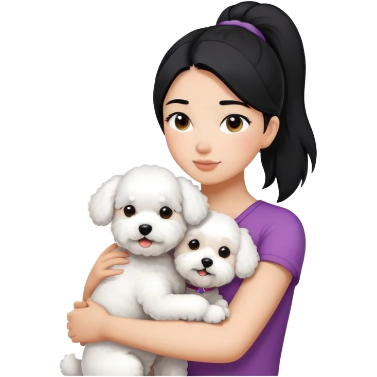 A girl with straight hair in a ponytail，hugging one Bichon frise emoji