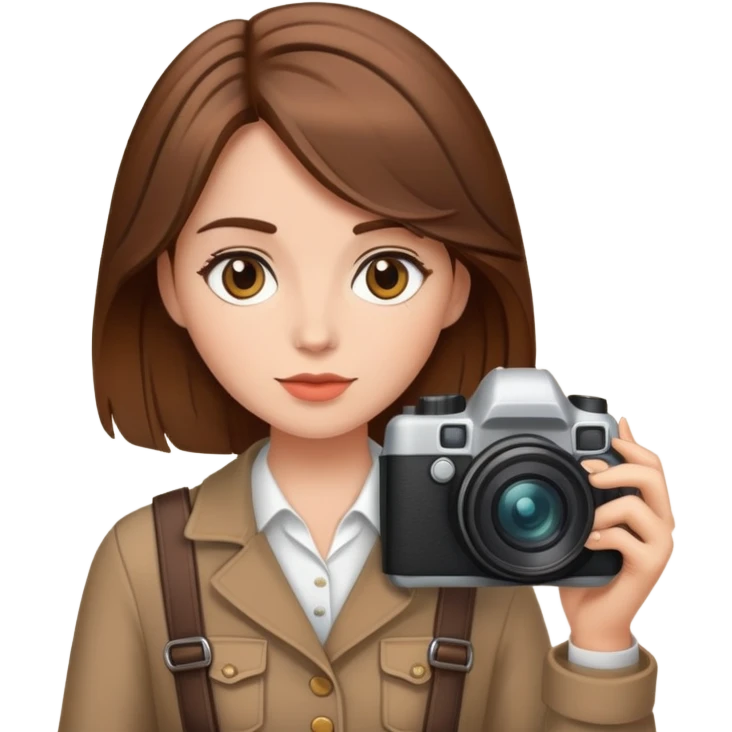 Дівчина фотограф з каштановим волоссям стаильно одягнена emoji