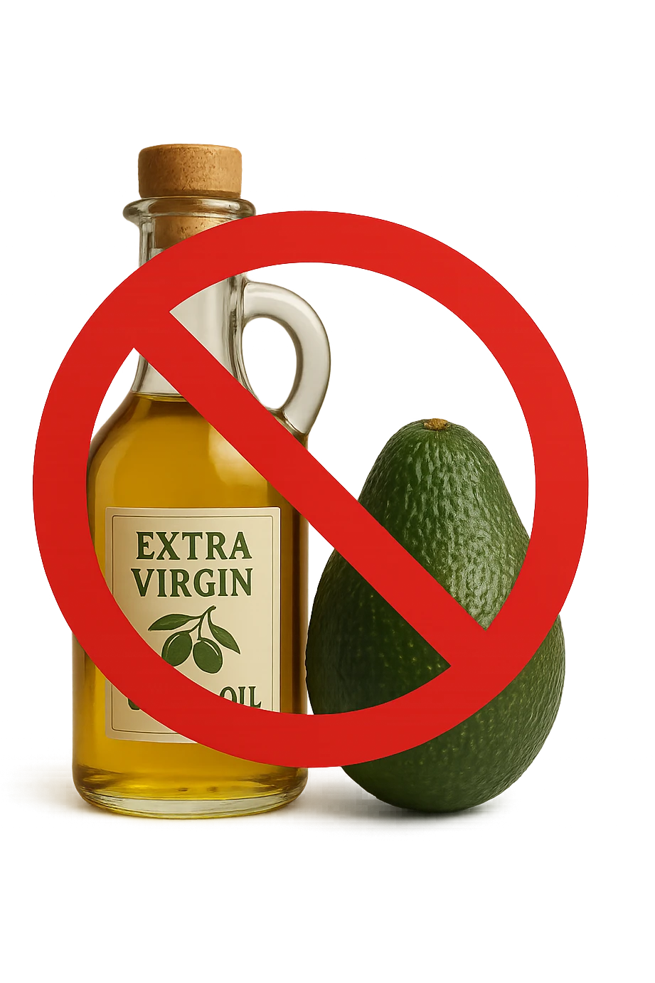 BOTTIGLIA DI OLIO EVO E AVOCADO CON DIVIETO SOPRA,  iperrealistico 4k emoji