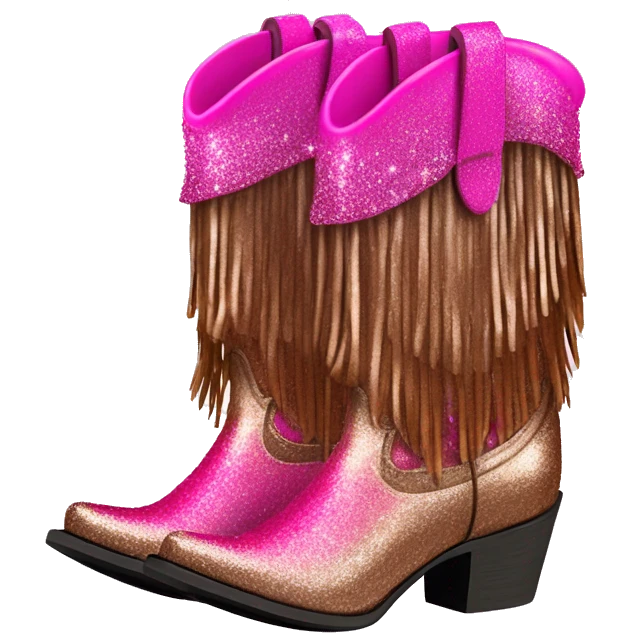 Realistic hot pink to bronze ombre pair of fashion cowgirl boots with sparkly shiny glitter fringe on them. emoji