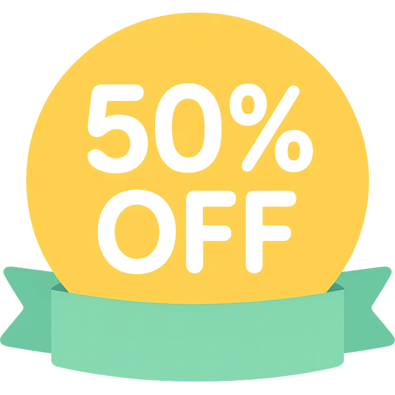 Round label with lettering 50% off with ribbon graffiti style  emoji