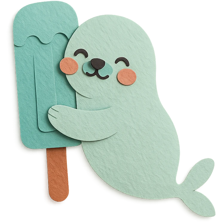 tiny refrigerator seal hugging a popsicle, blushing, soft mint tones, full-body emoji