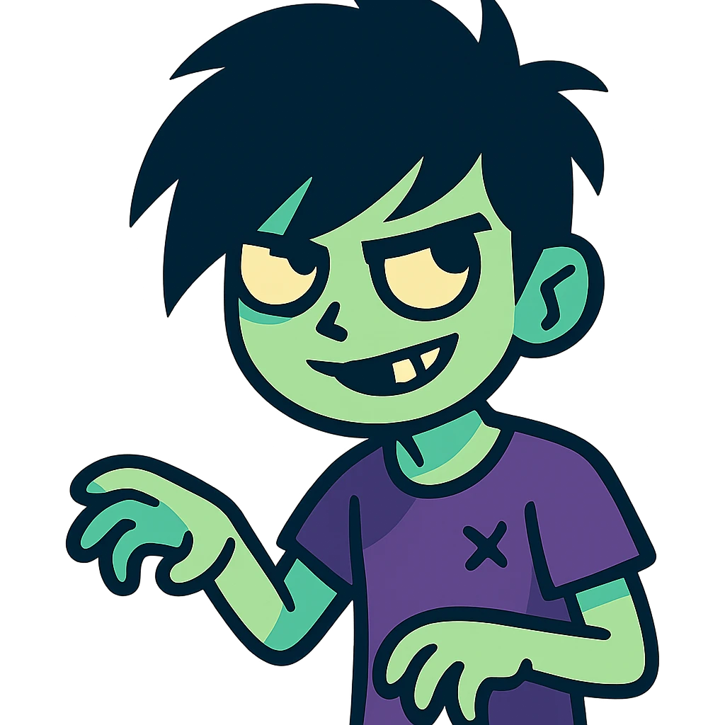 zombie boy with messy emo hair, pale skin, mischievous expression emoji