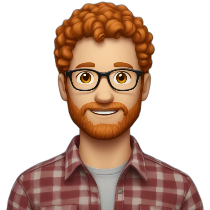 man. around 25. redhead. short curly hair. with beard and glasses. scarlet checked shirt emoji