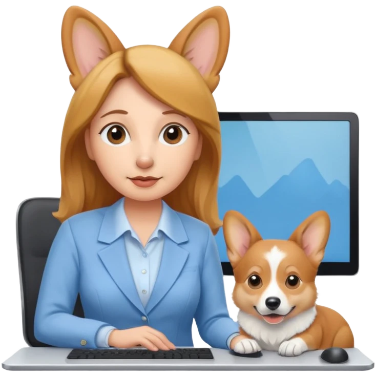 perrita caricatura gorgi gales ejecutiva con ropa celeste claro mujer frente a computadora emoji