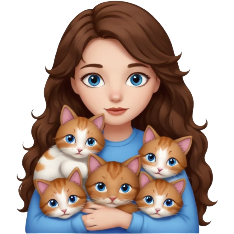 girl with long wavy brown hair, blue eyes, long lashes makeup, cuddling with 6 cats emoji