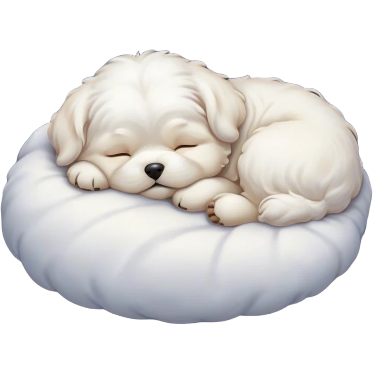 Cinematic Chubby Sleeping Wavy-Haired Maltese dog Portrait Emoji, Chubby and serene, with a round, adorable build and a soft, wavy-haired white coat, eyes gently closed in peaceful slumber, Simplified yet irresistibly endearing features, highly detailed, glowing with a gentle, dreamy glow, high shine, relaxed and content, stylized with a touch of whimsy, bright and heartwarming, soft glowing outline, capturing the essence of a blissfully sleepy companion, so comically serene it feels like it could roll out of the screen and snore with adorable charm! emoji