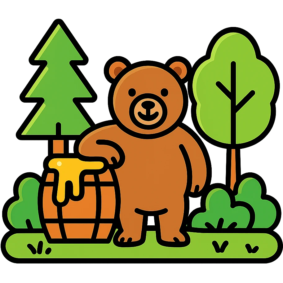 a playful bear standing next to a honey barrel with honey spilling out, in a bright, colorful forest with outlined trees and bushes, the bear has a friendly expression, cheerful and bold scene, outlined vibrant look emoji