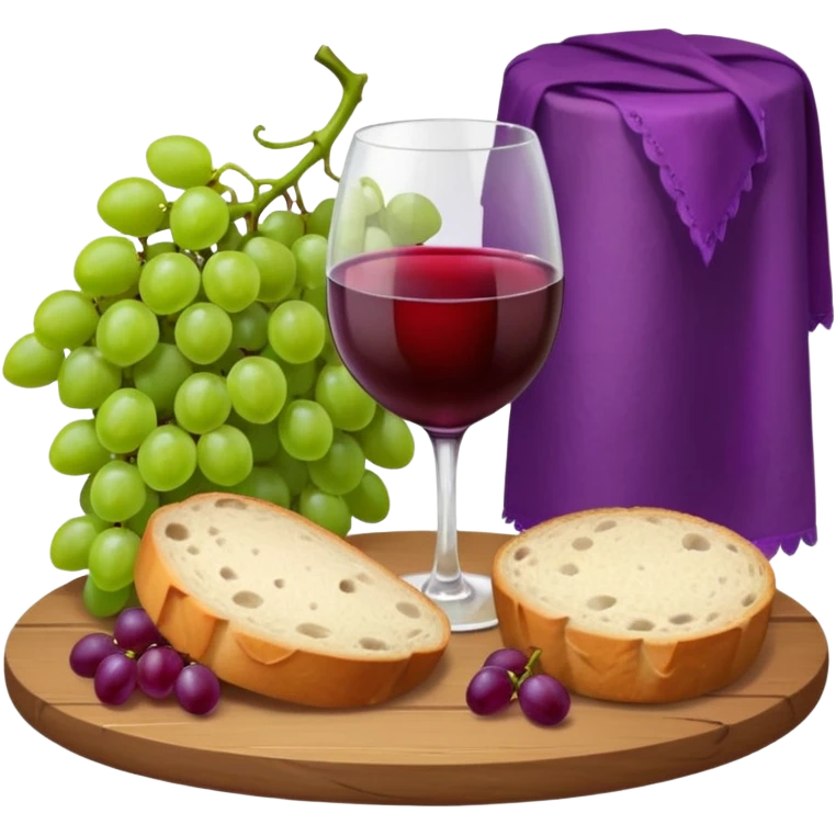 Please make a wine glass with a red cloth, make some grapes and a whole round loaf of bread, and place them on an elegant board. emoji