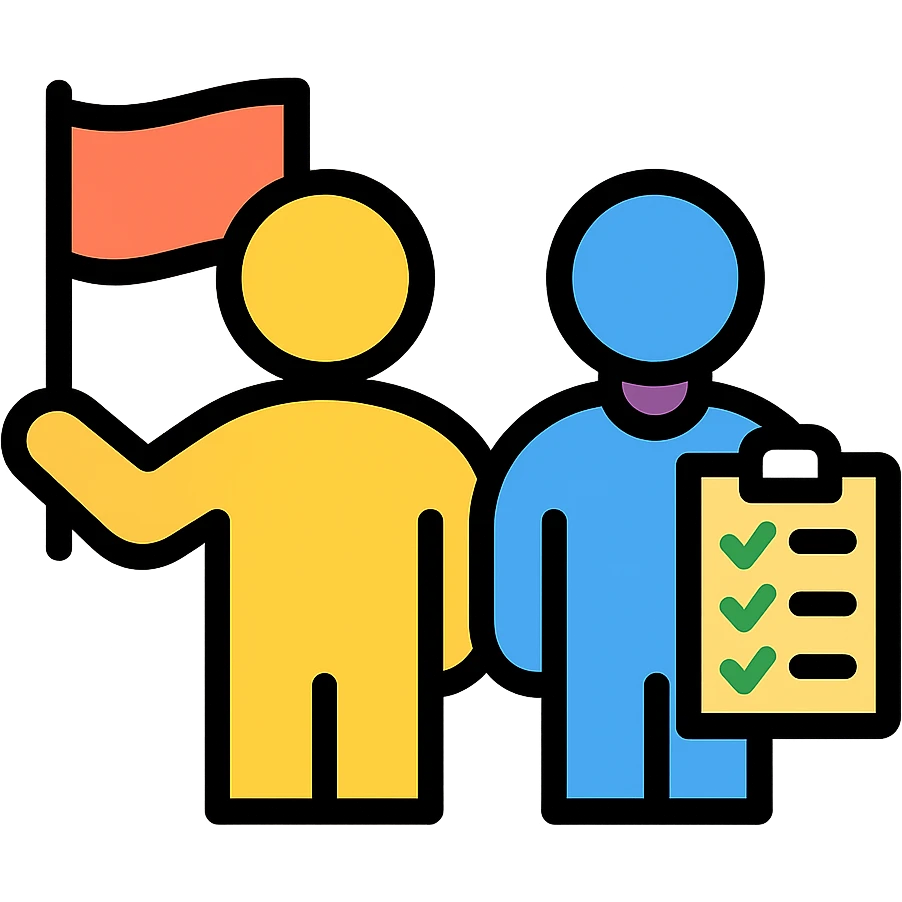 two figures side by side, one holding a flag representing a leader, the other holding a checklist representing a manager, highlighting their similarities and differences emoji