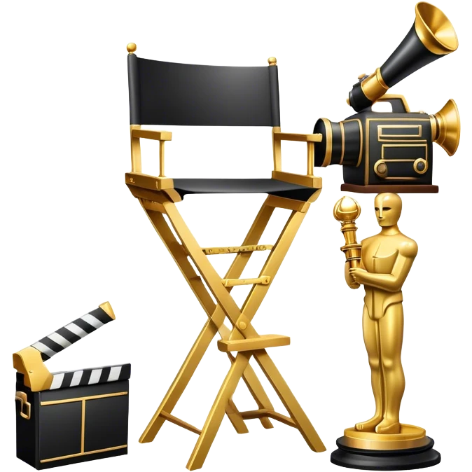 Icon for Directing: a director's chair, a large film camera, a megaphone, a stage set with lights and an Oscar statuette. The icon should represent the creative and leadership aspects of directing, with focus on film and theater production. Transparent background. emoji