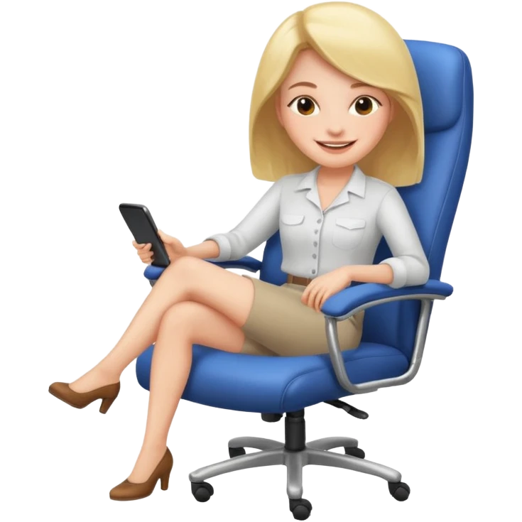 Woman having cartoon faced relaxing in an office chair and smiling emoji
