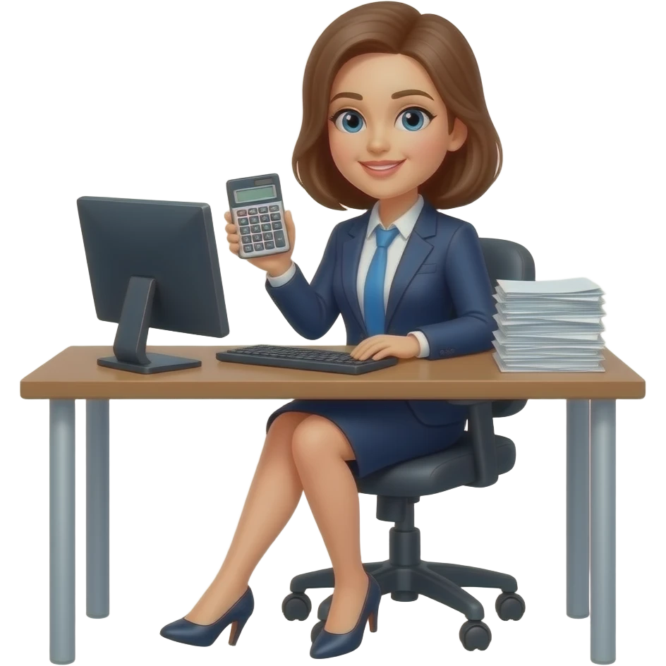 lady accountant with calculator sit on a desktop chair emoji