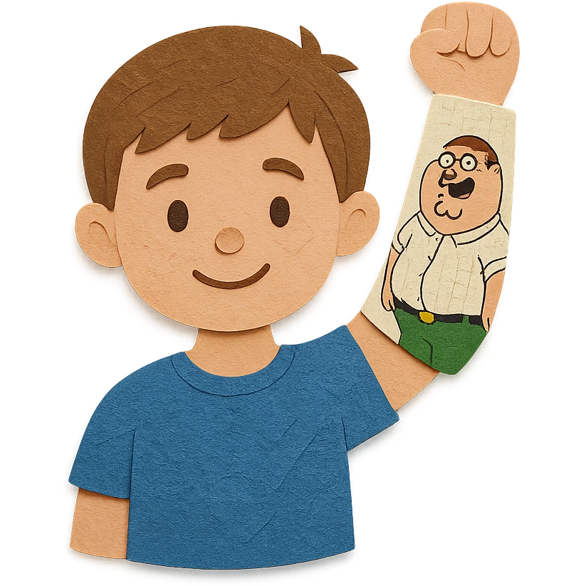 romanian boy with light skin and medium brown hair, holding up his arm in a cast, with a cartoon drawing of Peter Griffin on the cast emoji