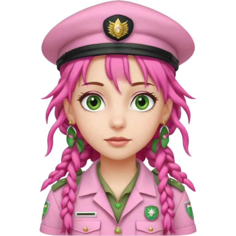 very pretty girl big green eyes, scout girl with pretty pink uniform, pink dreadlocks, and big earrings and scouts hat emoji