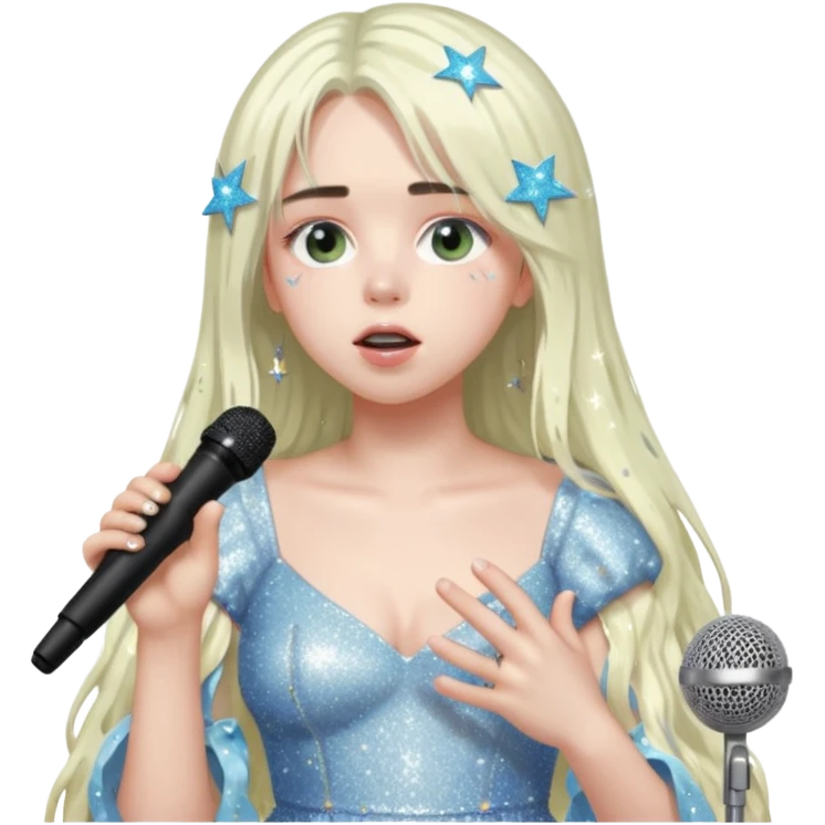 billie eilish is singing, holding mirco and twinkle dresss, white long hair, thin  emoji