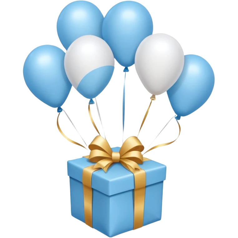 Please make light blue and white balloons too, make several and tie them to a gift, the gifts with the most balloons, make the light blue and white balloons emoji