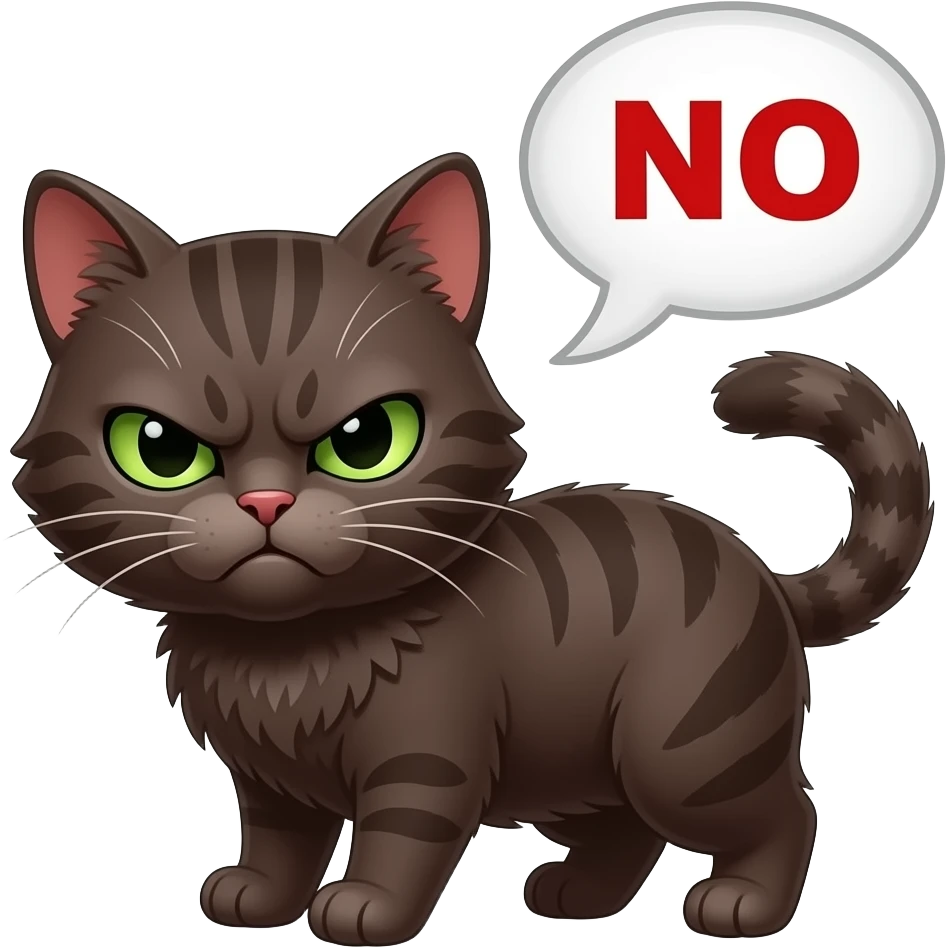 Cute grumpy angry pitch-dark brown scrunkly cat With no patterns, with green eyes saying “NO” in red letters with a speech bubble emoji