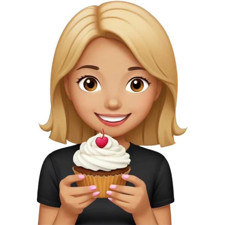 smiling girl in black shirt eating cupcake emoji
