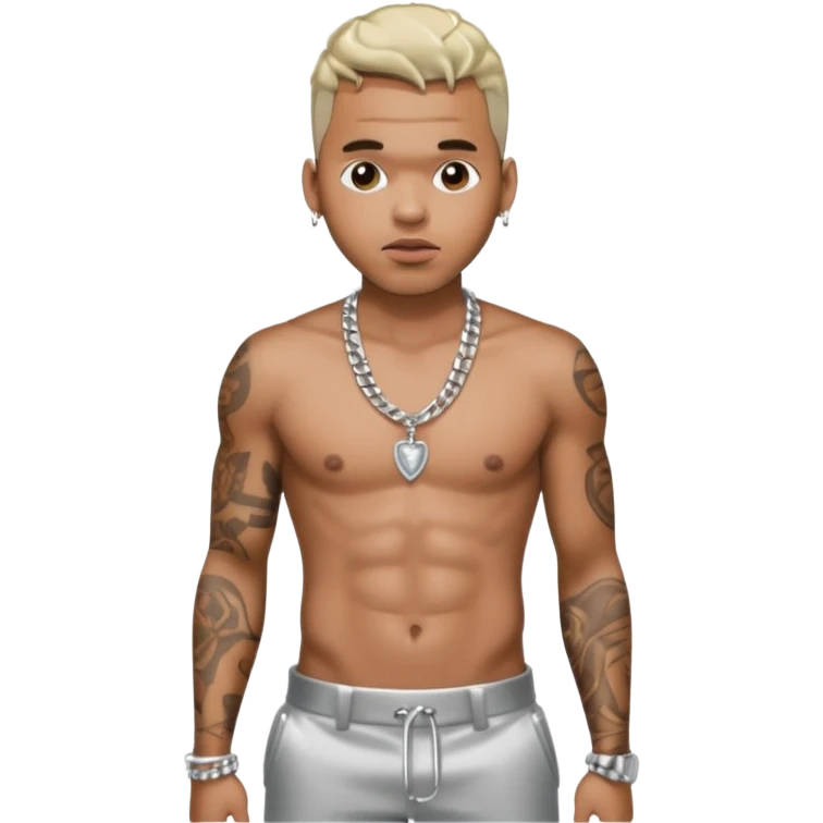 Chris Brown with silver pants, shirtless with necklace emoji
