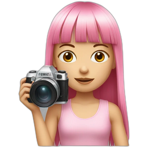cute girl with long, straight rose hair with fringe and holding camera and wearing pink tank top emoji