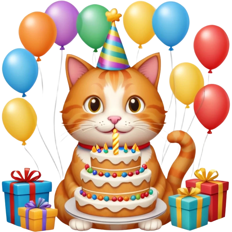 Ginger cat celebrates birthday, birthday hat, birthday cake, balloons, happy, gifts emoji
