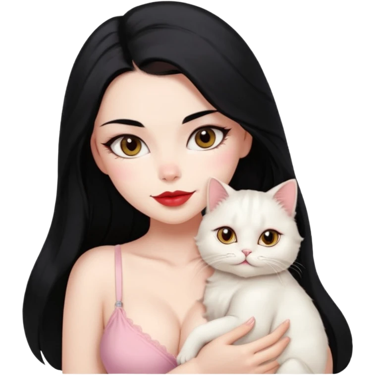 Beautiful Girl Long Hair black, Brows Big , Skin White, bra Pale Pink , Big Red Lips, EyesCoffe , Hug Little baby Persa Cream Cat With Cute Eyes emoji