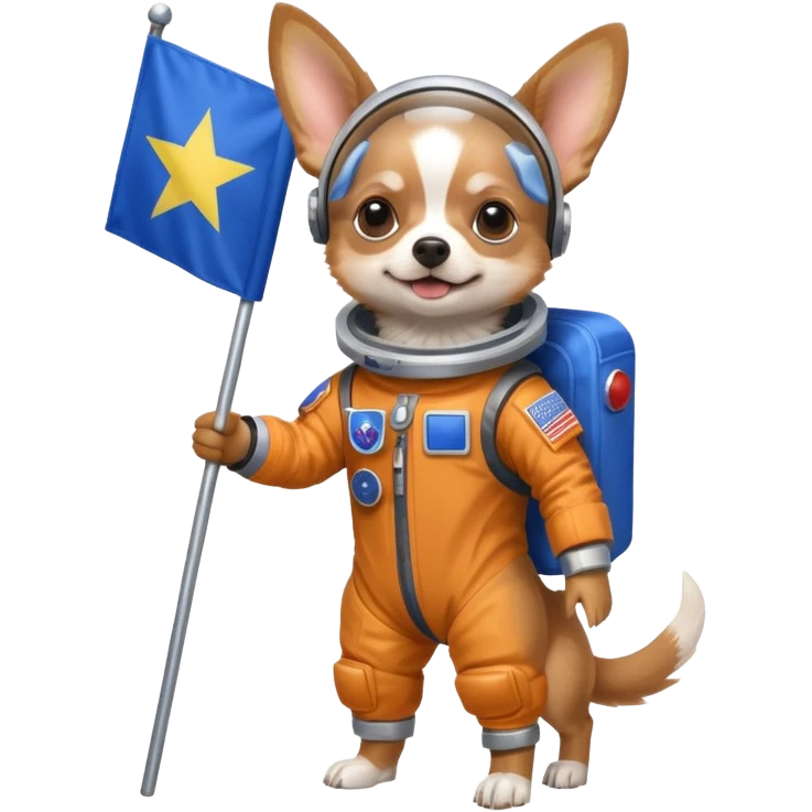a chihuahua dog in space suit, holding blue rectangle flag, full body, front view emoji