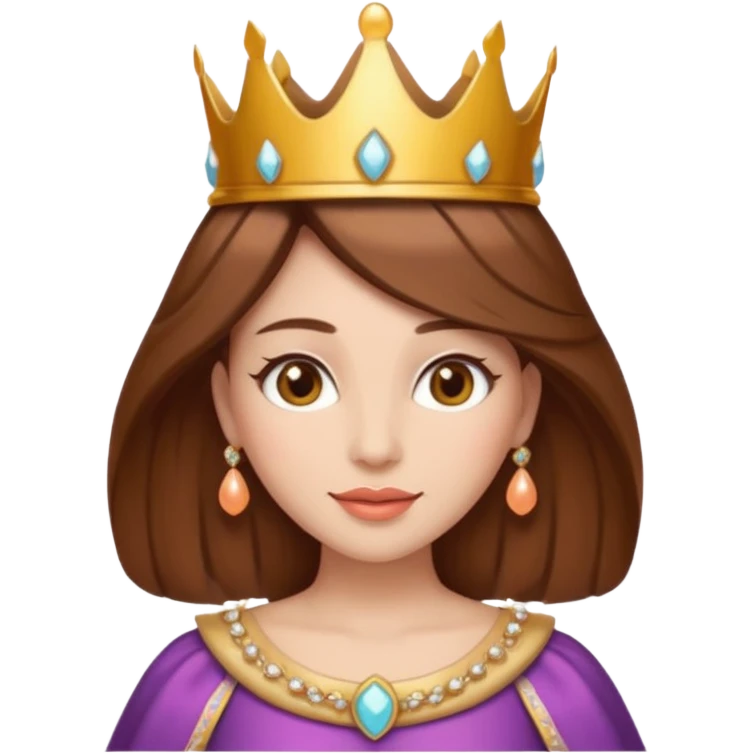 vull un perosnatge estil bimoji que sigui una figura radiante y serena. Se la describe como hermosa y deseable. Cabello castaño y labios carnosos y de un color meocoton, ojos color miel y una vestimenta digna de la realeza, sin olvidar su corona emoji
