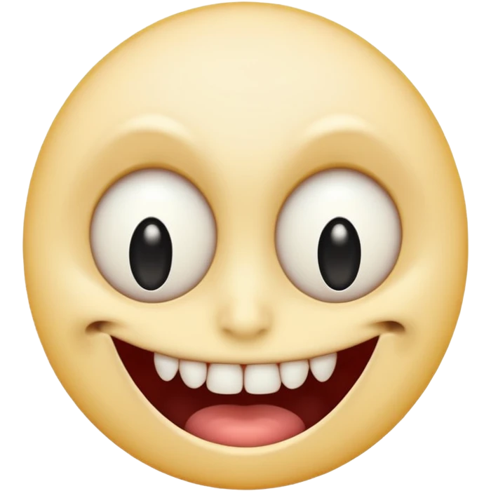 Pale emoji with completely vertical slit eyes, huge creepy grin from ear to ear, scary emoji