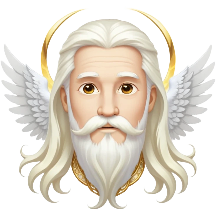God-like figure with majestic white wings, long flowing white hair, beard and mustache, wearing gold dangle earrings, glowing aura emoji
