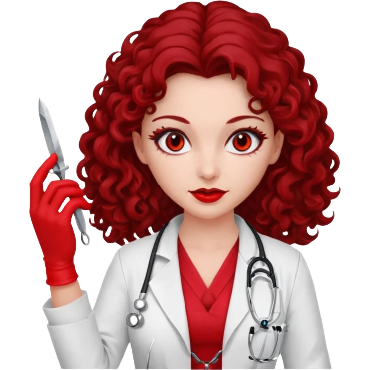 Lilith scalpel in hand, evil surgeon red outfit.  She has red eyes. She has dark brown long curly hair. Wears sexy doctor outfit with red gloves emoji