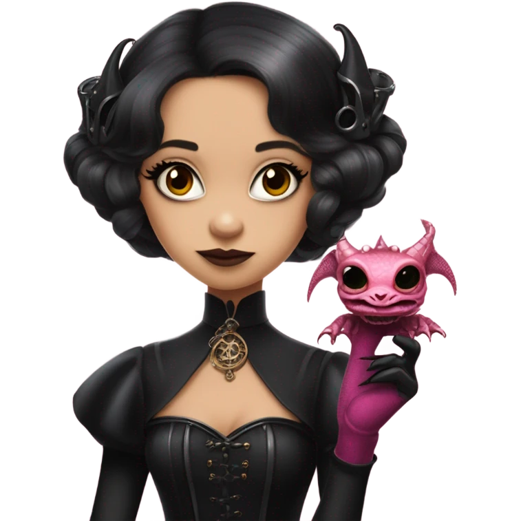 flirty Lavish black evening gown with see-through gloves, Jenna Ortega as Addams woman wearing a steampunk mini tiara, very large blood pink evil-looking horned old dragon emoji