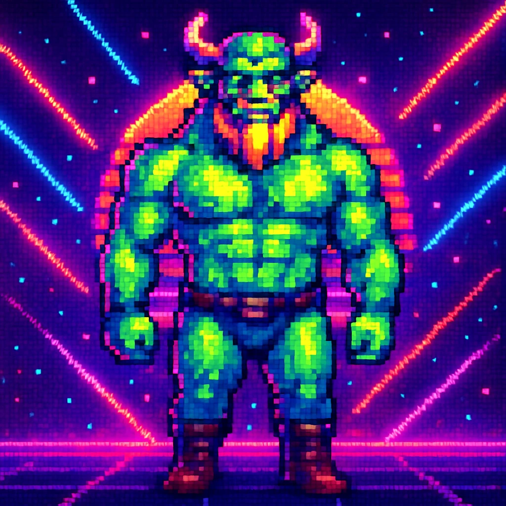 Add a neon background to the Techno Viking with glowing rave lights in pixel art style. Keep the pixel art style look and feel. emoji