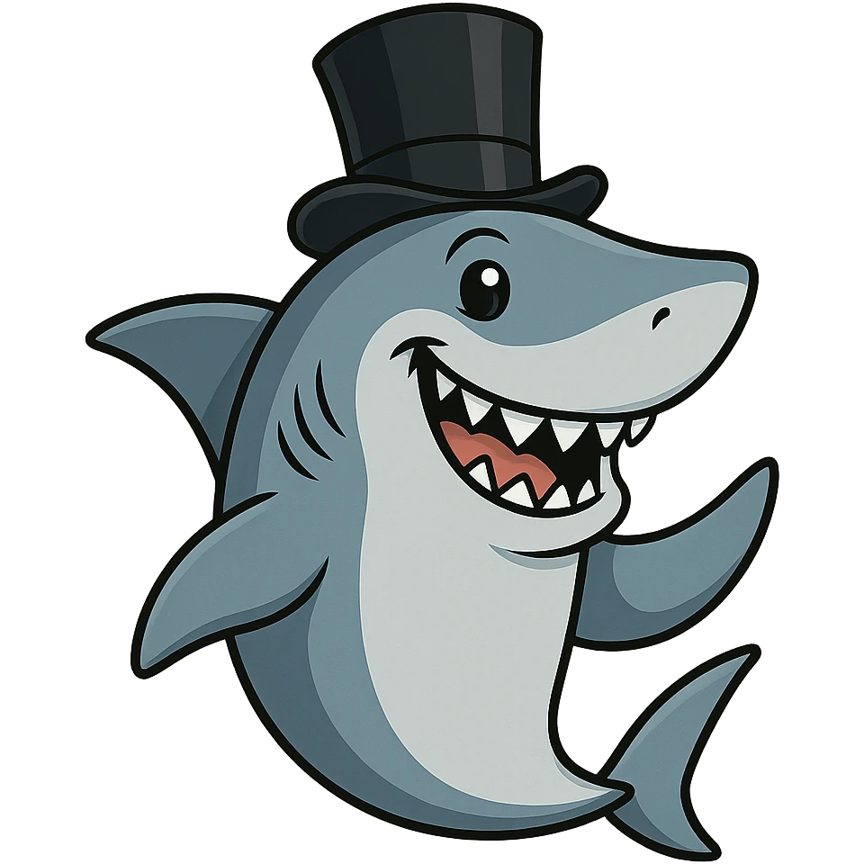 shark with a black top hat, smiling emoji