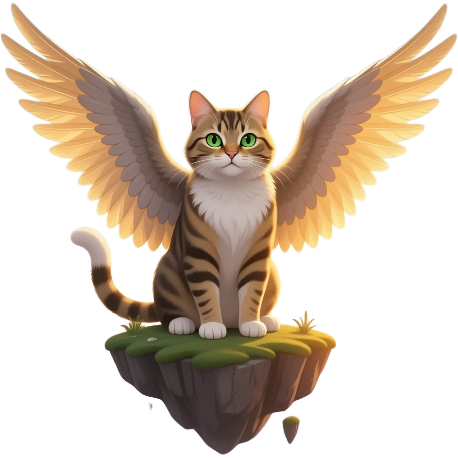 Un chat majestueux doté de grandes ailes de plumes, perché au bord d’une île flottante dans un ciel infini au coucher du soleil. Ses ailes diffusent une lumière dorée douce, tandis que ses yeux vert émeraude brillent d’intelligence et de mystère. emoji
