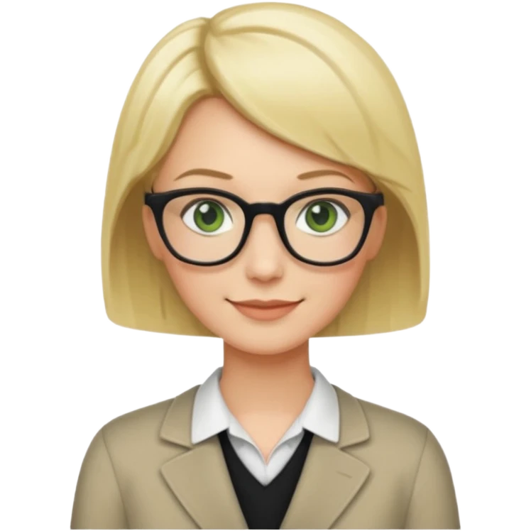 blonde teacher with short hair and green eyes and black glasses smiling emoji