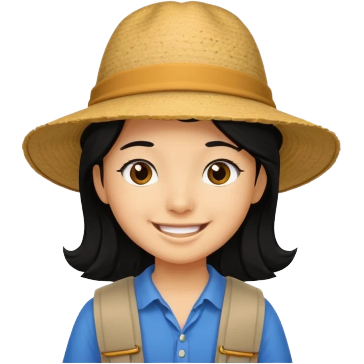 tourist kid with big hat and black hair emoji